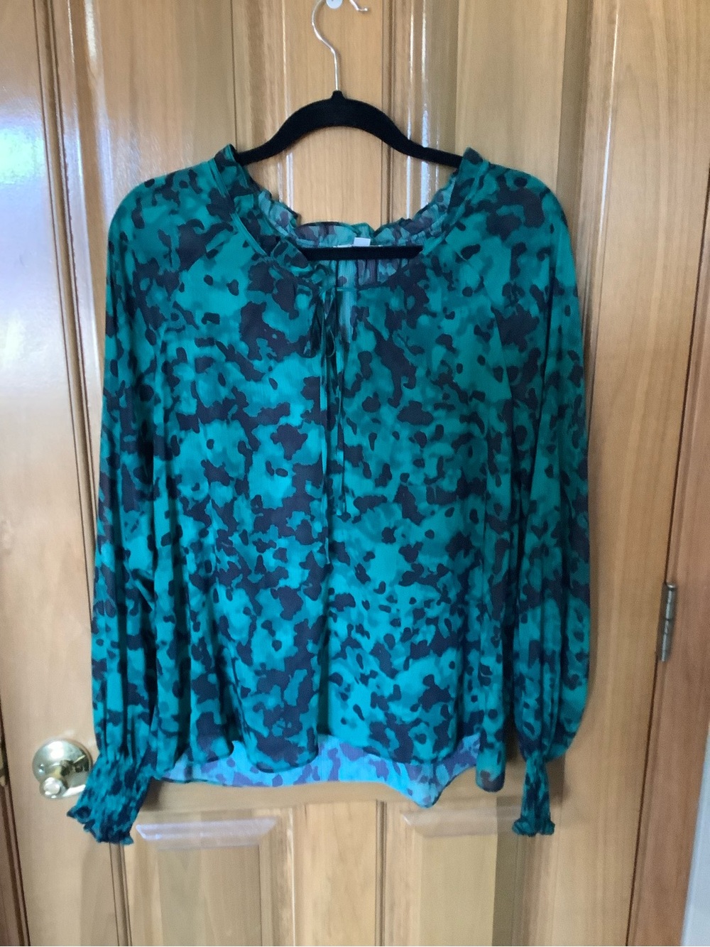 Allison Joy Teal and Black Printed Long-Sleeve Tie-Neck Blouse